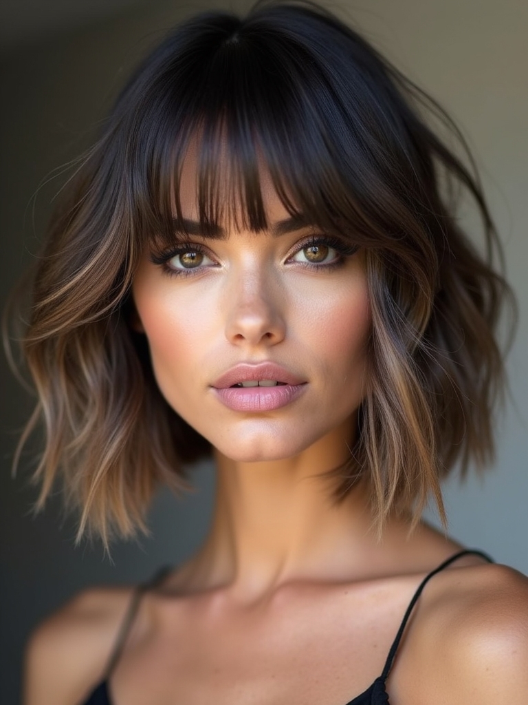A soft shaggy bob with curtain bangs