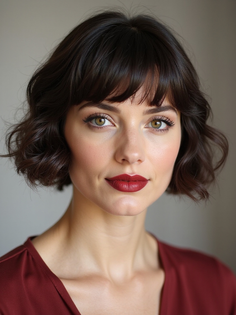 Different short haircuts with curtain bangs framing various face shapes