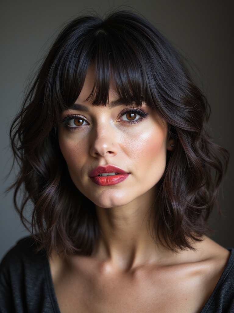 A wolf cut with curtain bangs beside a wolf cut with a micro fringe