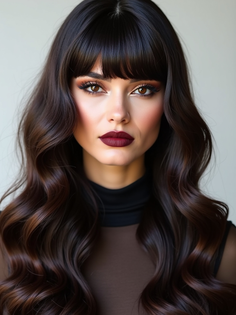 A curved baby fringe with long face-framing tendrils