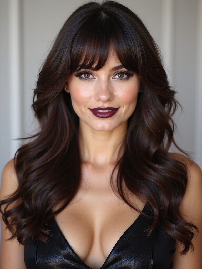 Thick hair debulked and shaped with curtain bangs