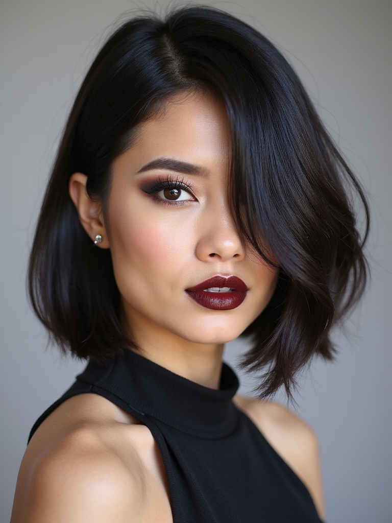 deep side swept elongated bob