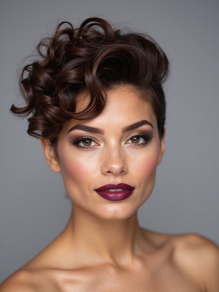 A curly pixie with a defined part and lift