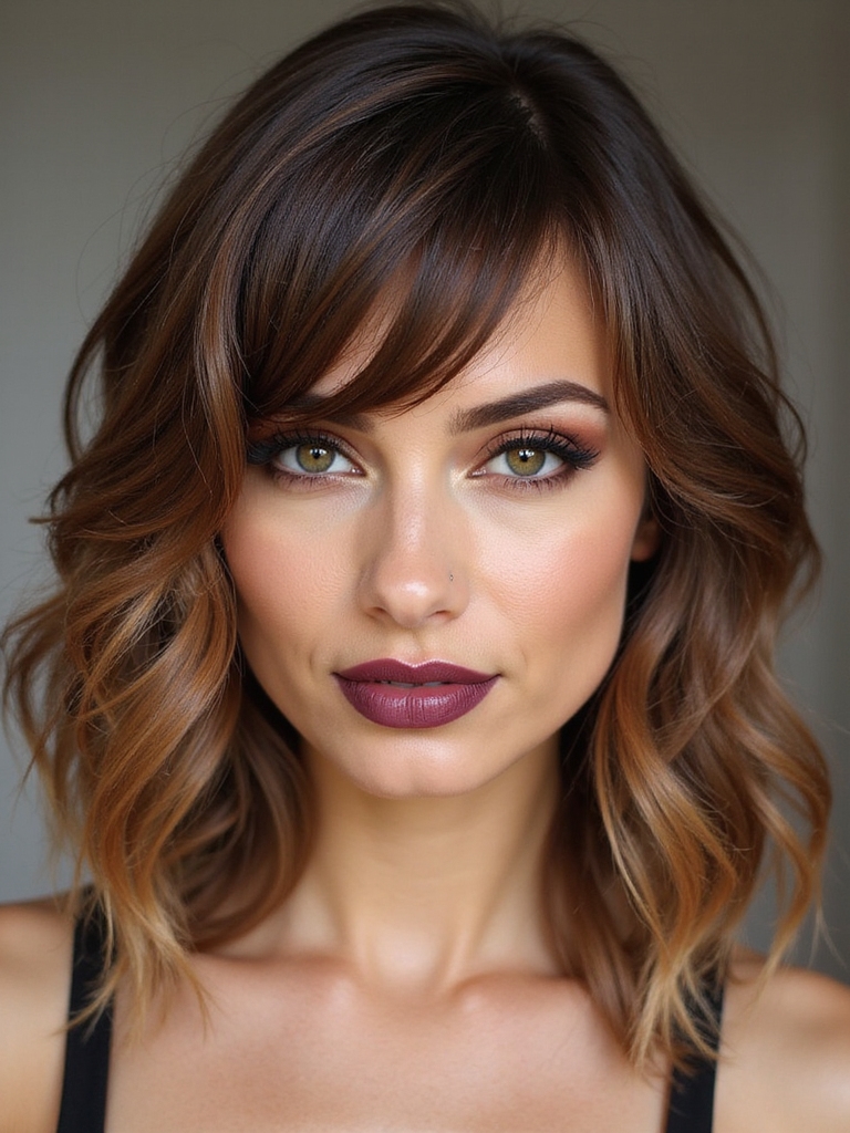 A layered lob with soft side-swept bangs