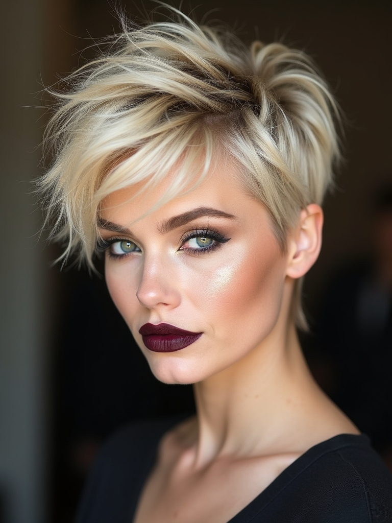 A tousled bedhead blonde pixie