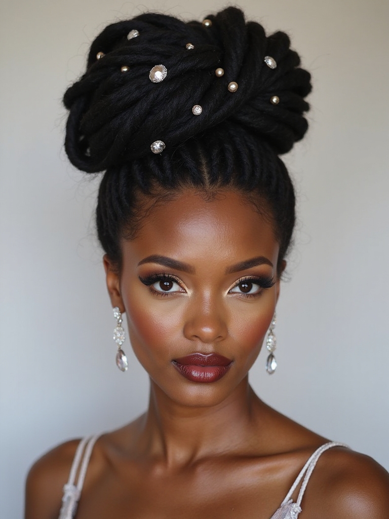 bridal loc high bun decorated with jeweled pins