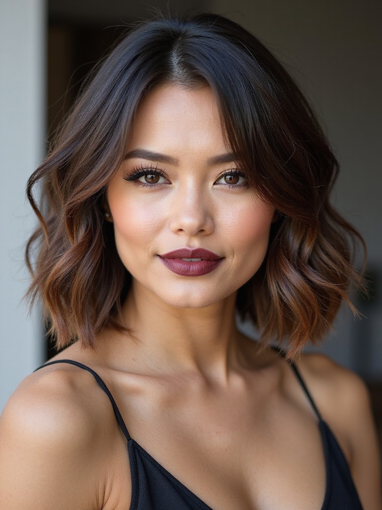 Short-shoulder face-framing layers with a side part