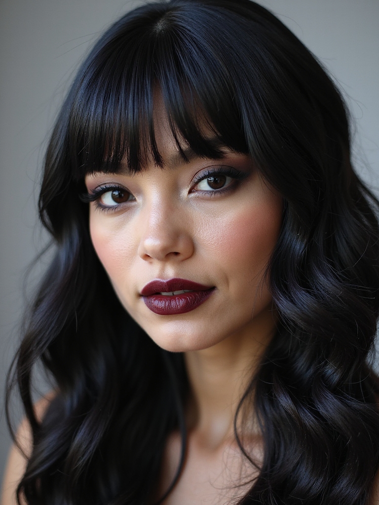 Feathered bangs over sleek, glassy long lengths
