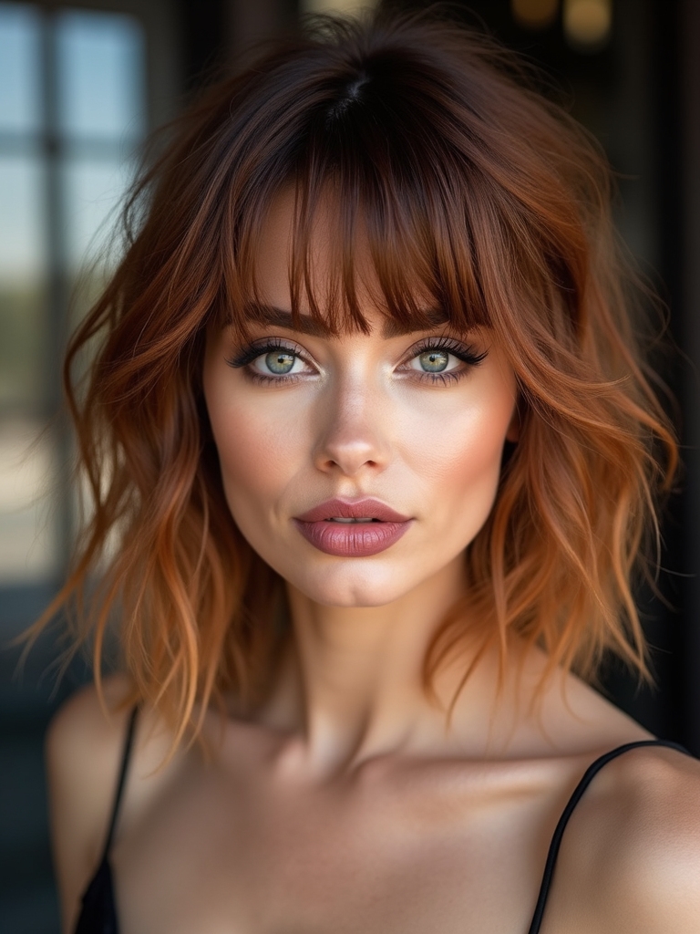 feathered curtain bangs shag