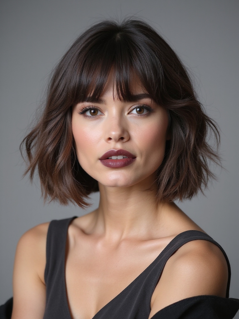 A bob with feathered layers and bangs for fine hair lift