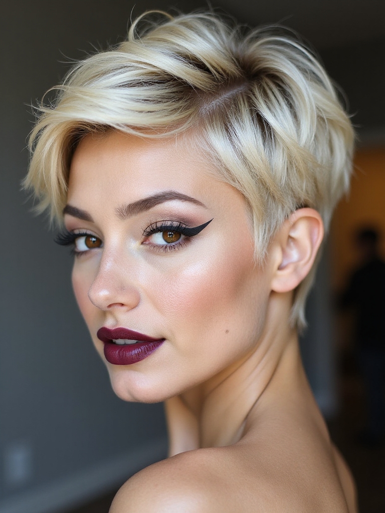 A blonde pixie with feathered layers and movement