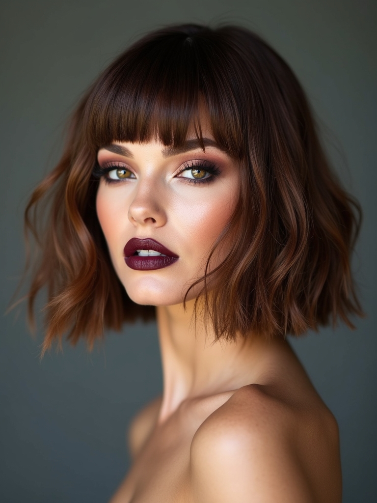 feathered textured brow skimming bob