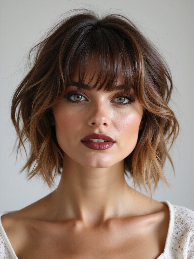 feathery curtain bang tousled bob