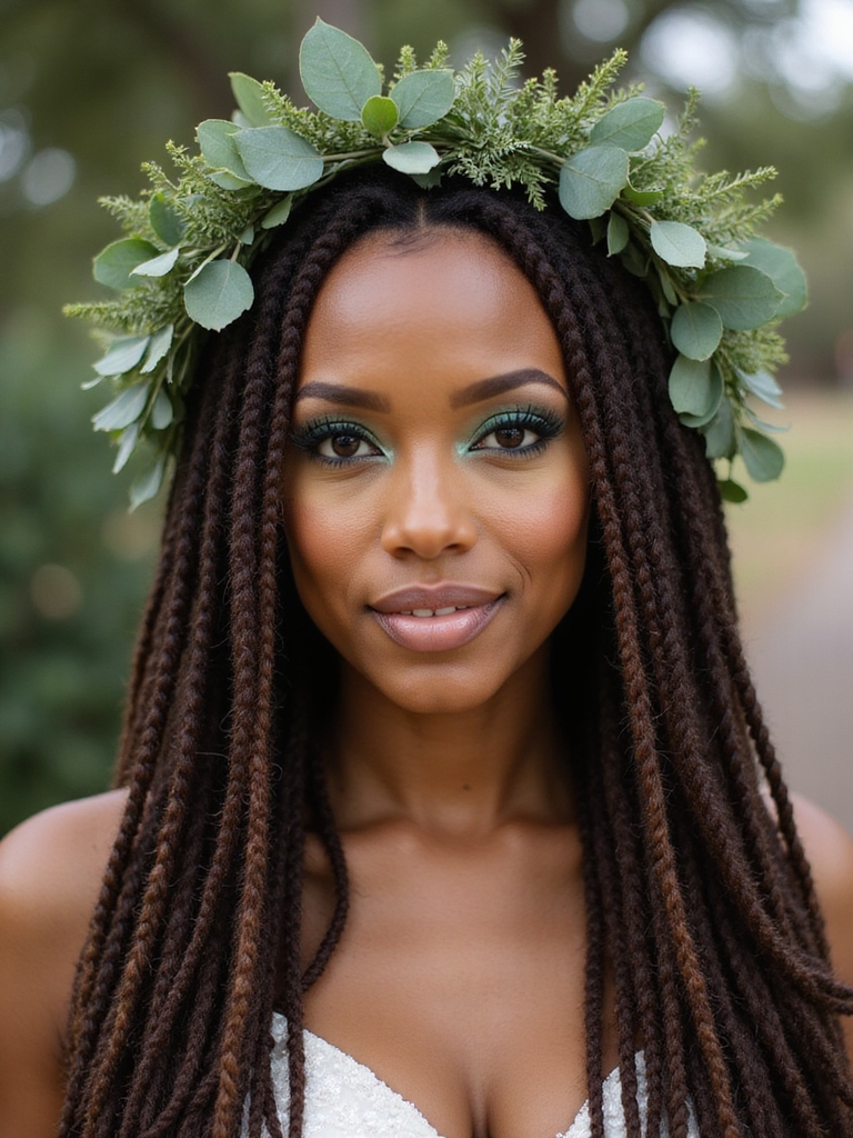 locs adorned with fresh eucalyptus and greenery woven into a crown arrangement for a wedding