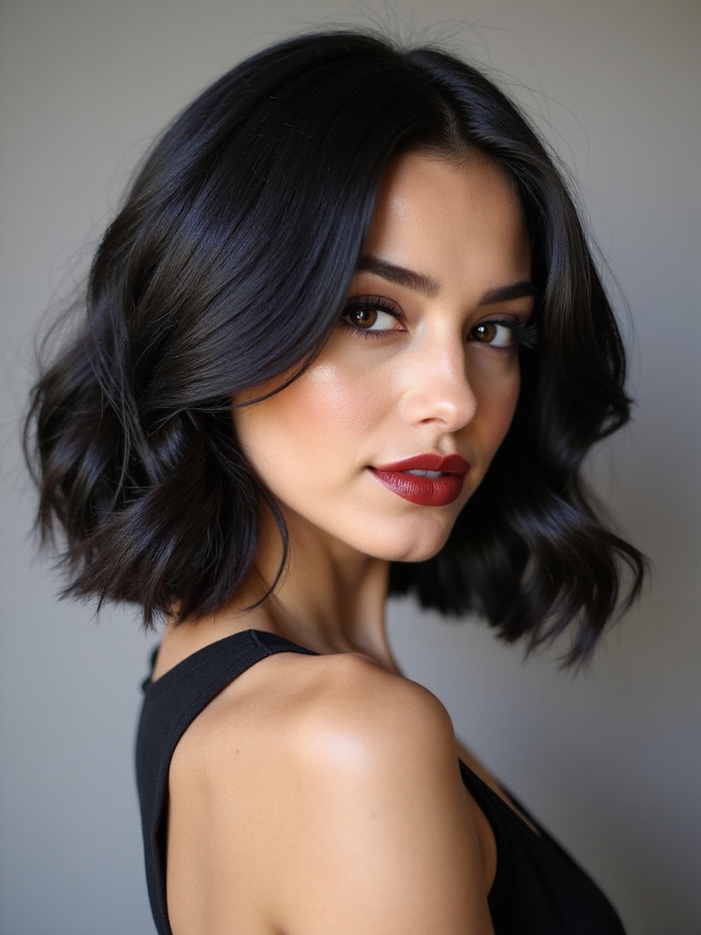 glossy tucked curved bob