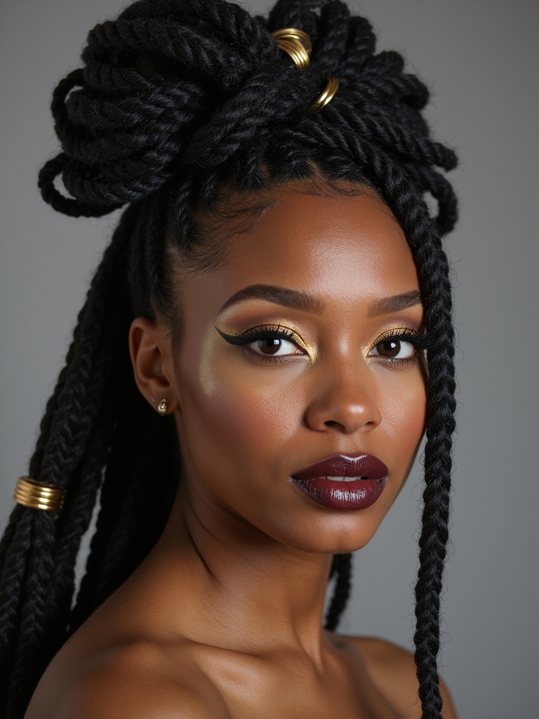 A loc updo accessorized with gleaming gold cuffs