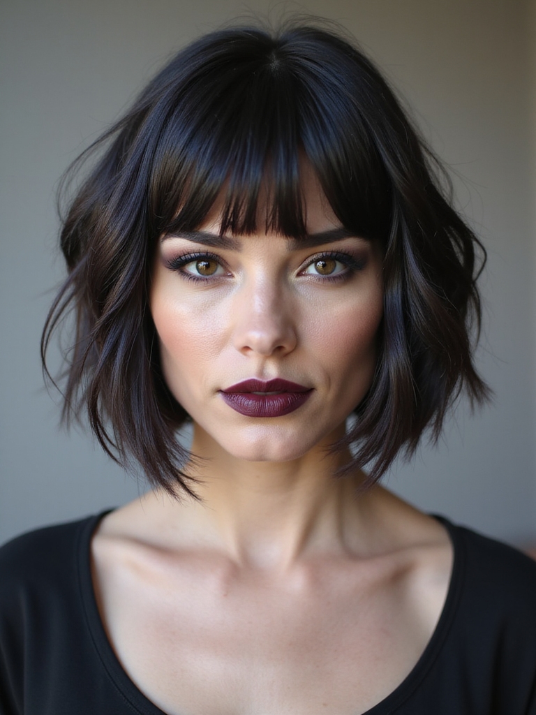 A stacked bob paired with choppy bangs