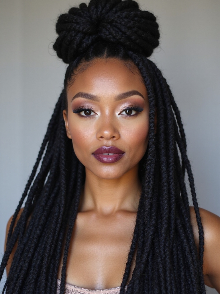 half-up loc bun with the top section gathered and the rest hanging loose