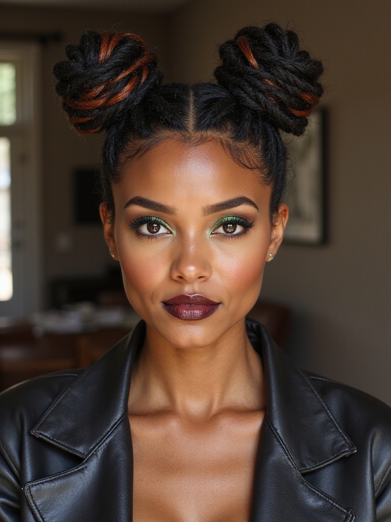 Playful space buns set on short locs