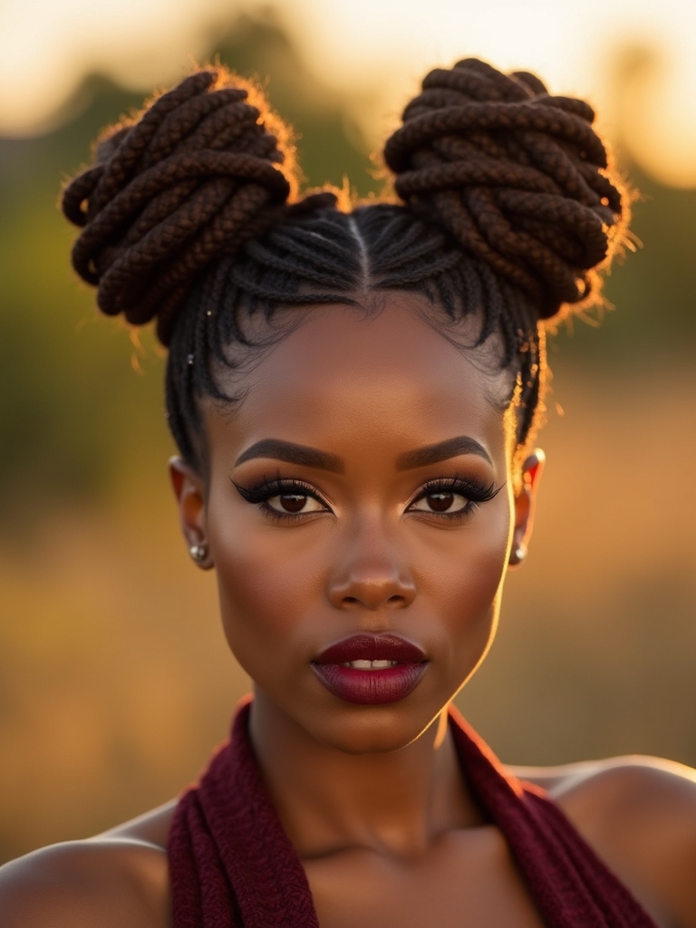 two loc buns worn symmetrically high on either side of the head