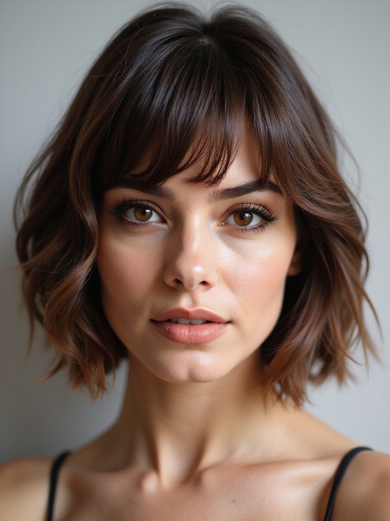 A brown bob with bangs and face-framing color