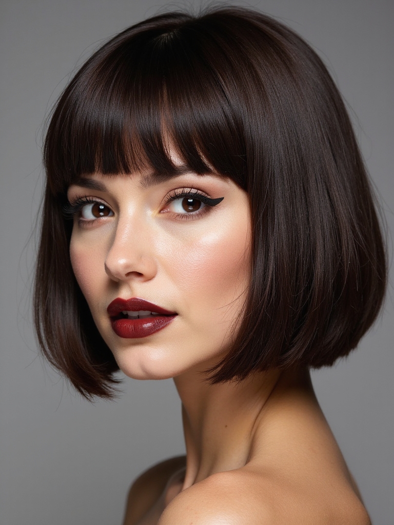 A blunt bob paired with a split mini curtain fringe