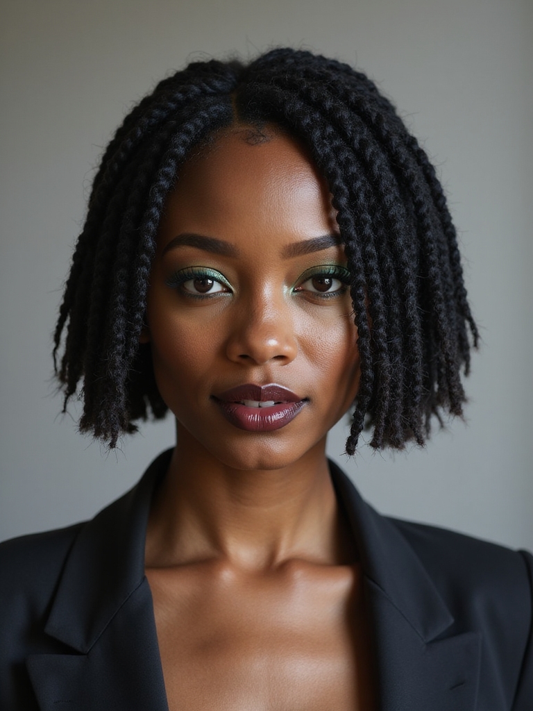 A sleek loc bob with sharp blunt ends