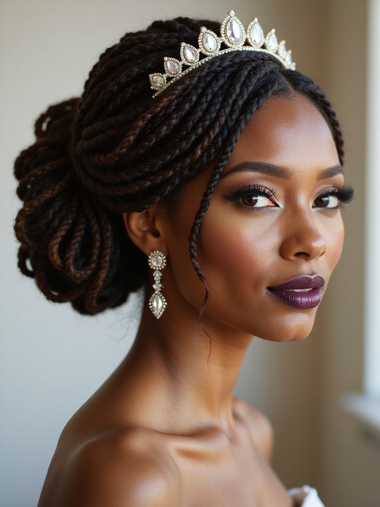 jeweled crown dreadlock updo for a Black bride with crystal pins and gold accessories