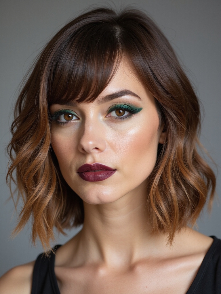 A layered bob with side-swept bangs