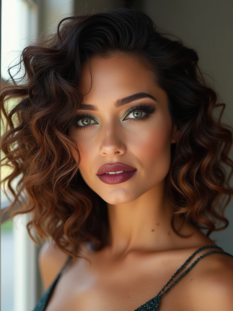 A curly layered lob shaped to give curls a balanced silhouette