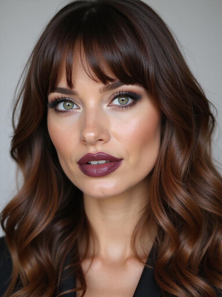 Layered thick bangs round face