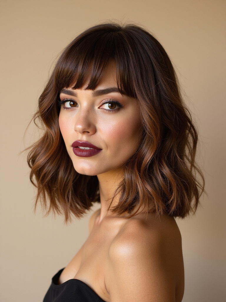 A long bob with soft center-parted curtain bangs