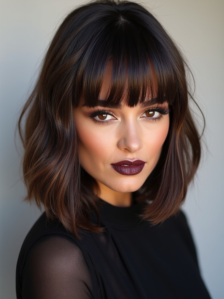 A brunette long bob with curtain bangs in espresso tones