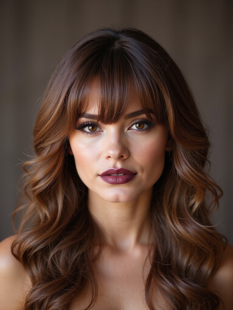 Long curtain bangs blended with face-framing shag layers