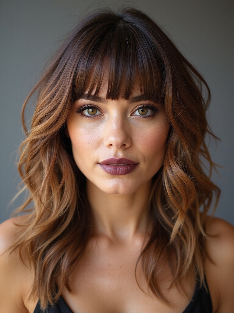 A long shag haircut with soft feathered bangs