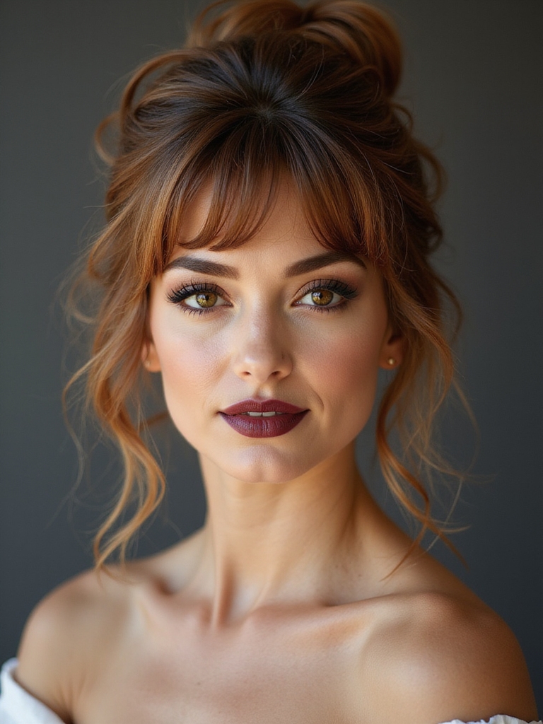 A romantic updo with soft wisps and volume
