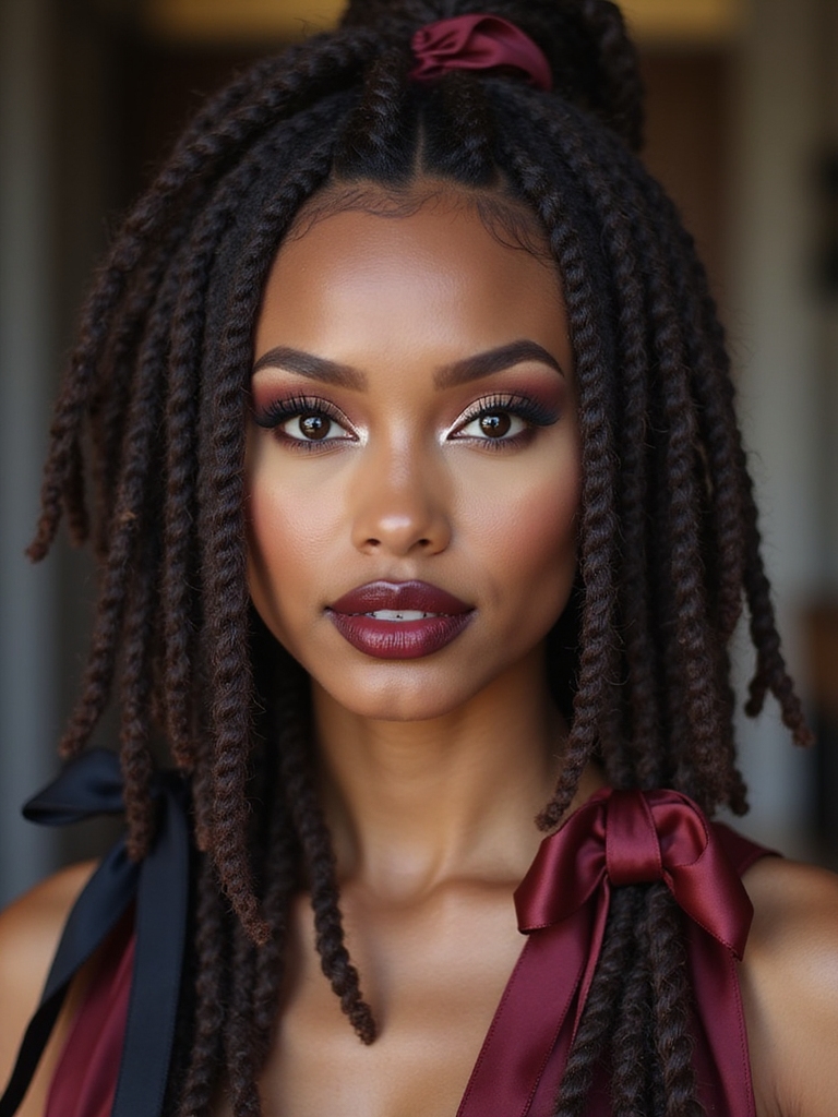 low bubble ponytail on locs with ribbon tied at each bubble section