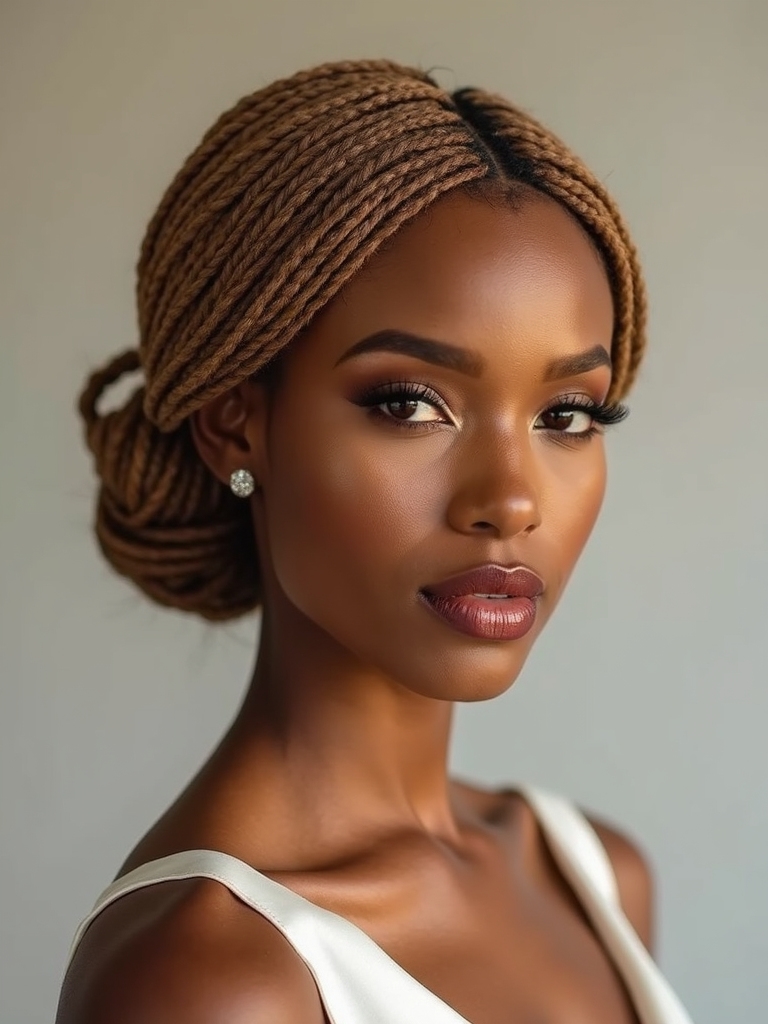 loc low chignon secured with a silk ribbon wrap for a formal wedding