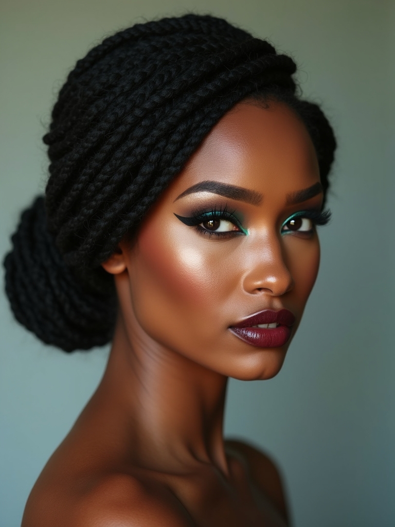 low nape bun on dreadlocs with a few locs left loose to frame the face