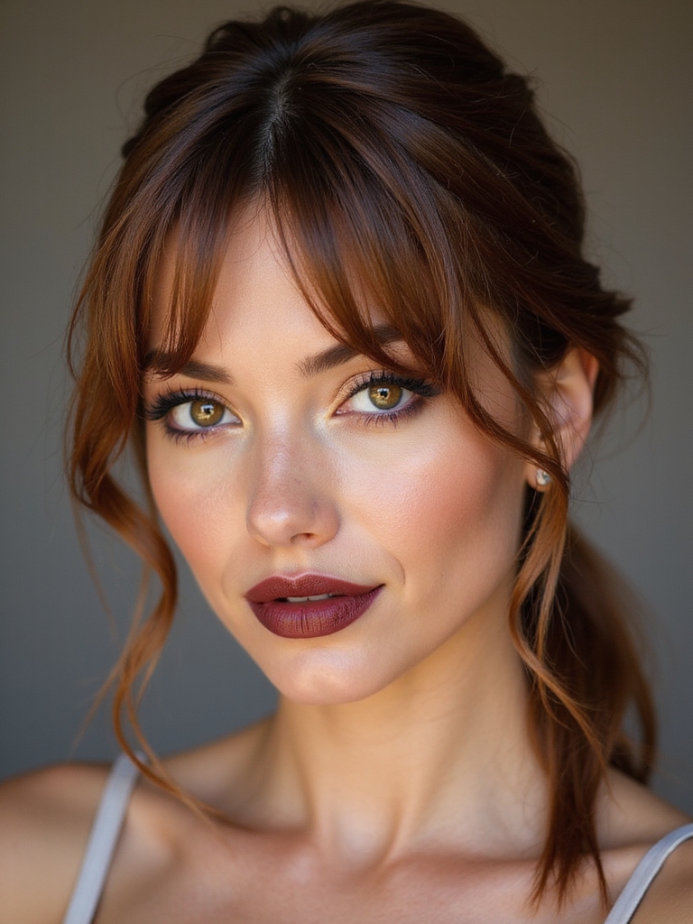 A low ponytail with soft split curtain bangs