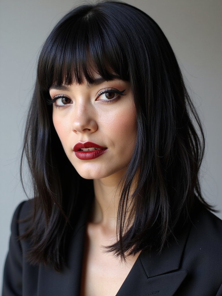 Micro bangs above sleek waist-length hair