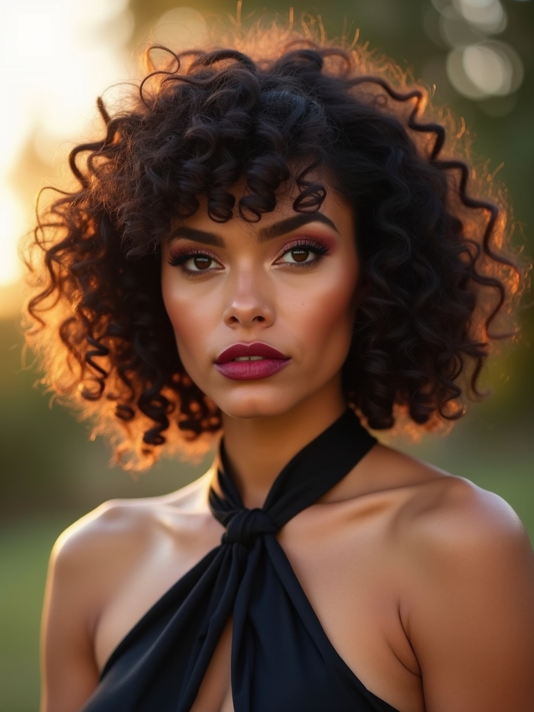 Curly coquette micro bangs springing above the brows