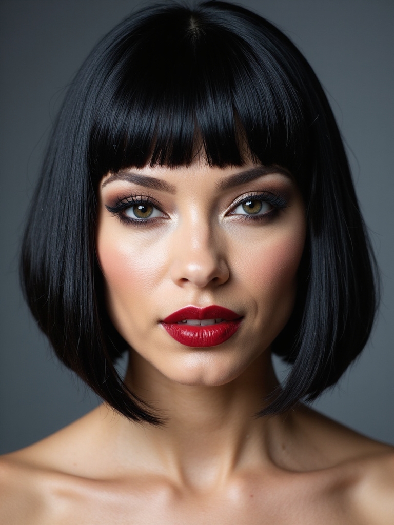 A sleek glass bob paired with precision-cut bangs