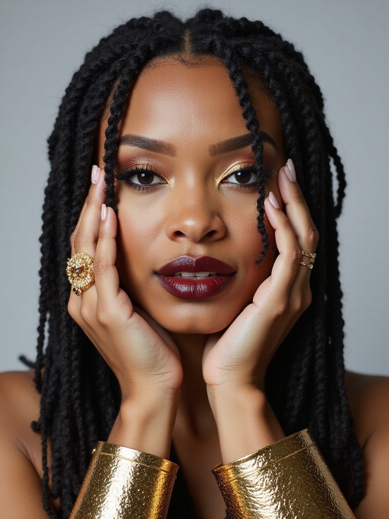 Short locs accessorized with metal cuffs and rings