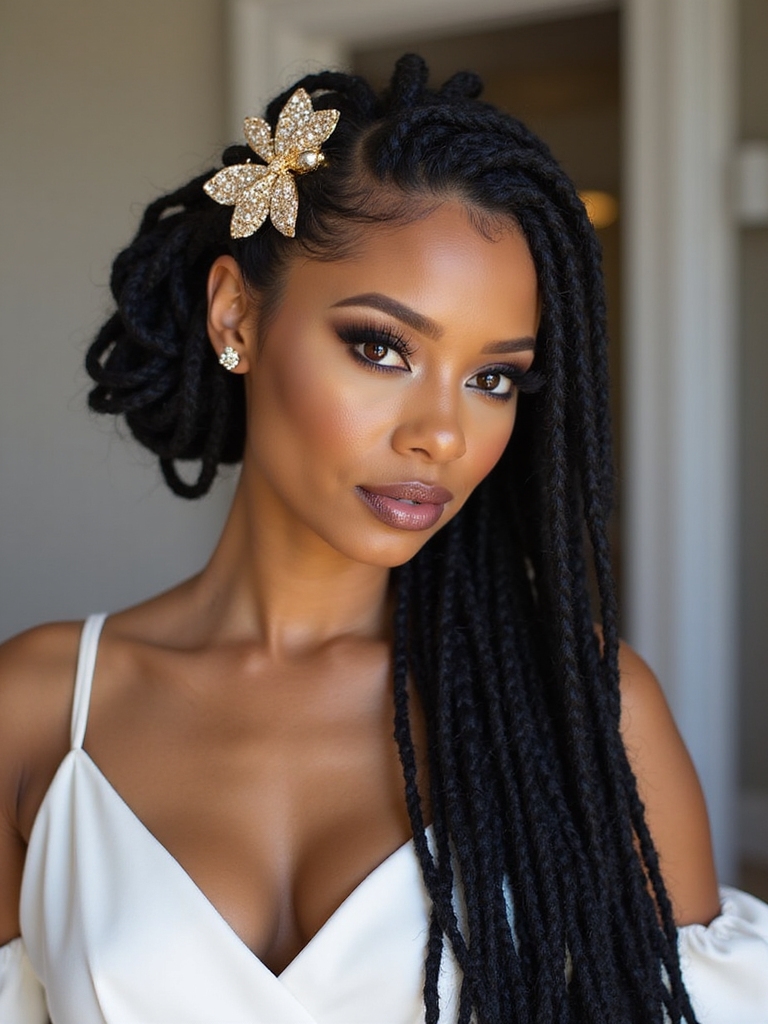asymmetrical loc bun positioned off-center and secured with a decorative statement comb