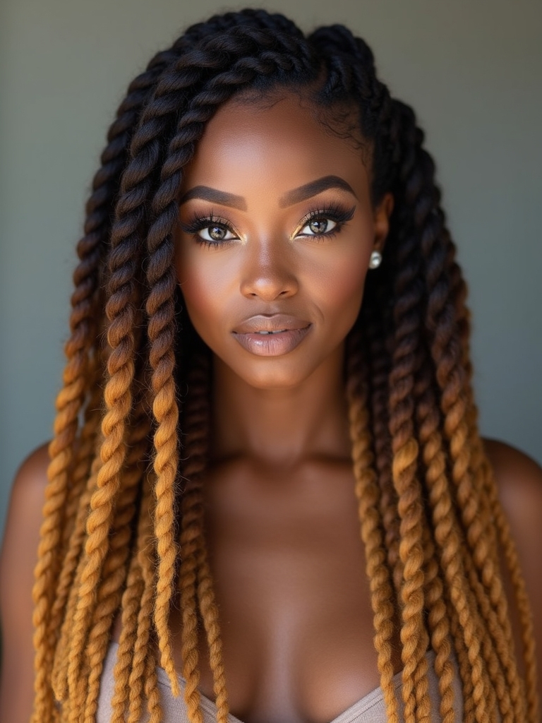 Ombre crochet locs melting from dark roots to light ends