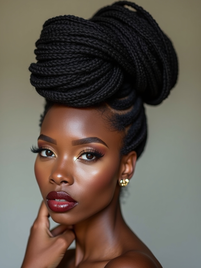 oversized crown loc bun at the top of the head with full rounded volume