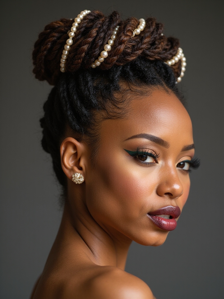 Pearl-accented barrel loc bun