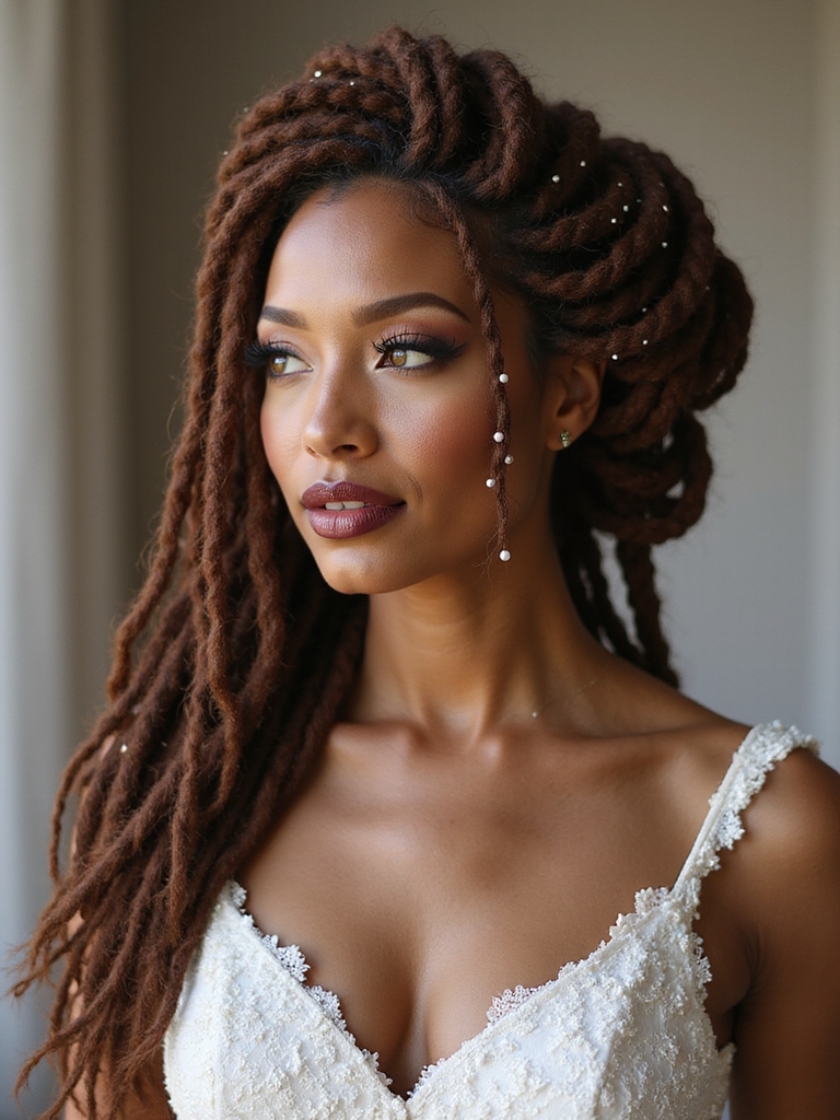 twisted dreadlock updo decorated with pearl-tipped pins at a wedding ceremony