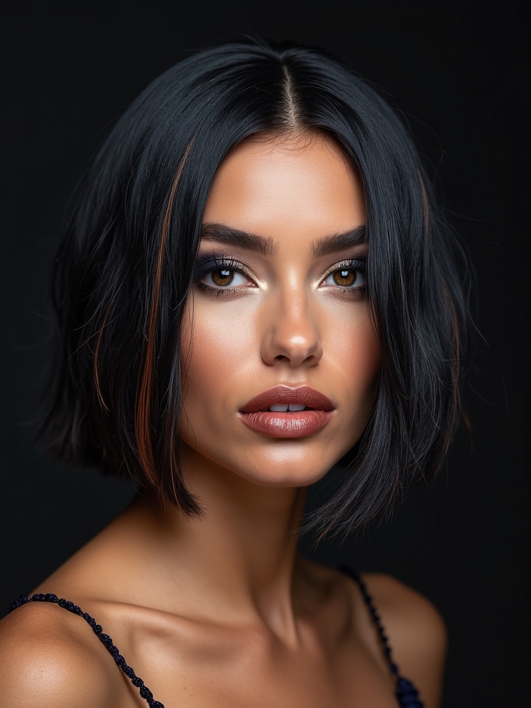 A knotless bob with peekaboo highlights and accent strands